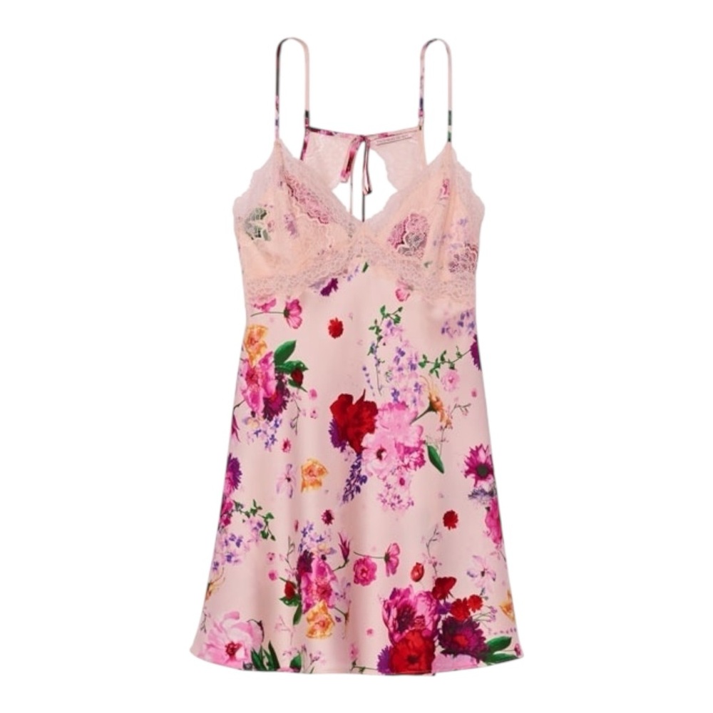 Victoria Secret Stretch Satin Floral  Lace Cutout Slip Pink Size S